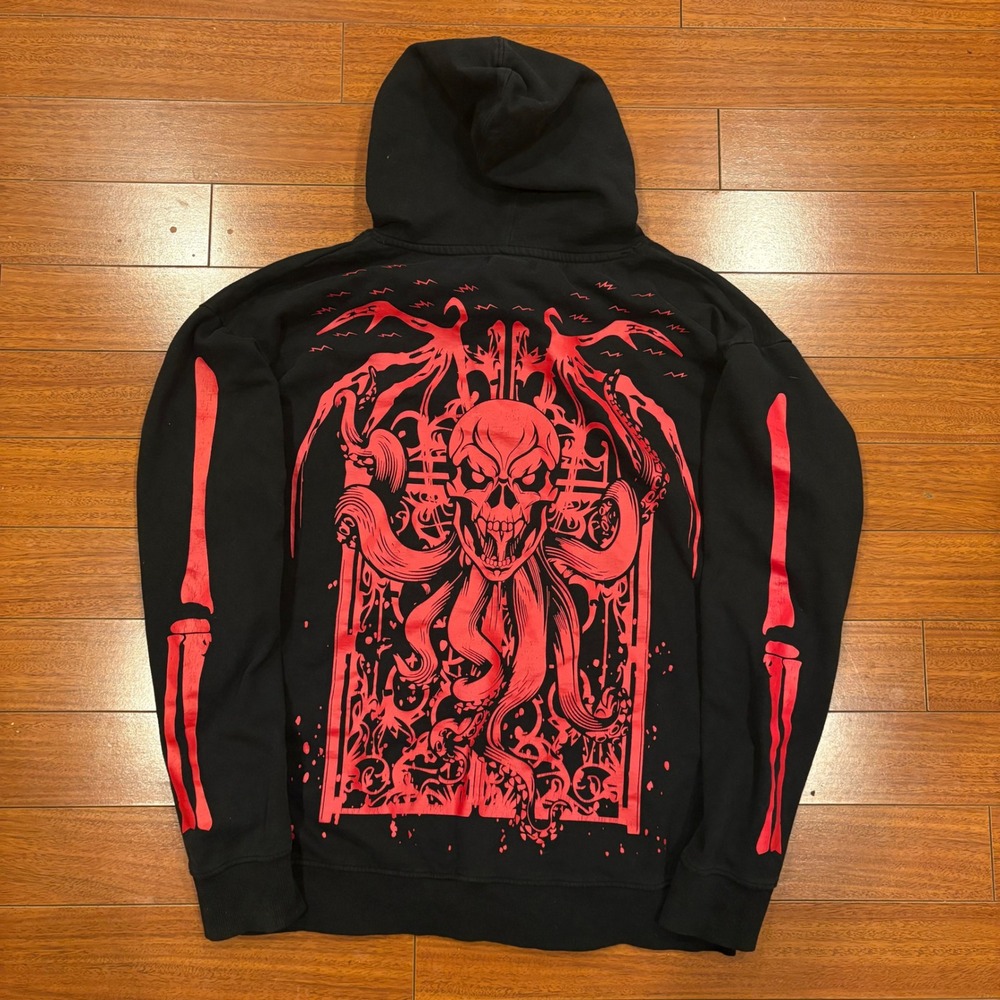 Hot Topic Mens XL Black Red Skeleton Occult Graphic Full Zip Hoodie Goth Punk